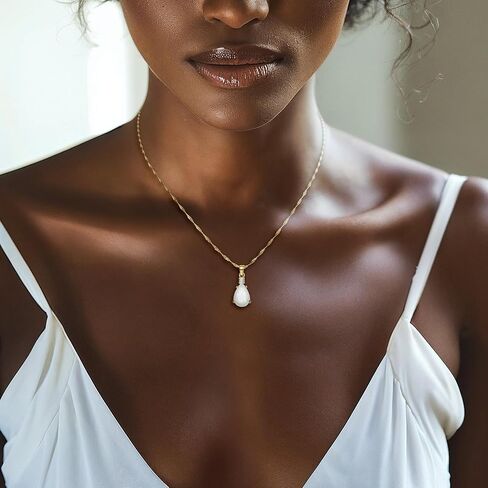 14K Gold Opal Necklace - October Birthstone 8x12mm with 14K Solid Yellow Gold Pendant and 2.5 mm White CZ - Thin 14K Gold Chain, White Opal Gemstone,Handmade Birthday Gift for Classy Women in Kuwait