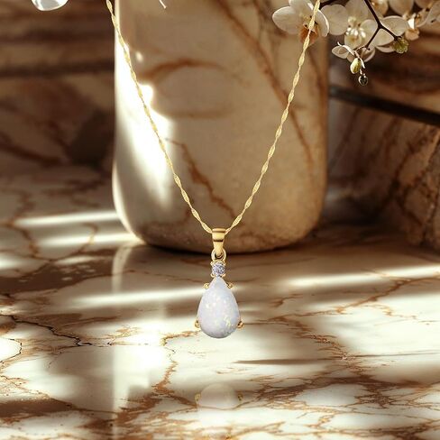 14K Gold Opal Necklace - October Birthstone 8x12mm with 14K Solid Yellow Gold Pendant and 2.5 mm White CZ - Thin 14K Gold Chain, White Opal Gemstone,Handmade Birthday Gift for Classy Women in Kuwait