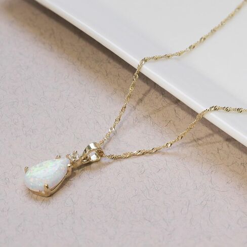 14K Gold Opal Necklace - October Birthstone 8x12mm with 14K Solid Yellow Gold Pendant and 2.5 mm White CZ - Thin 14K Gold Chain, White Opal Gemstone,Handmade Birthday Gift for Classy Women in Kuwait