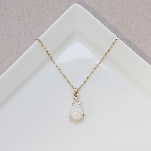 14K Gold Opal Necklace - October Birthstone 8x12mm with 14K Solid Yellow Gold Pendant and 2.5 mm White CZ - Thin 14K Gold Chain, White Opal Gemstone,Handmade Birthday Gift for Classy Women in Kuwait