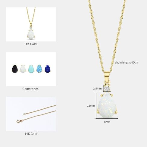 14K Gold Opal Necklace - October Birthstone 8x12mm with 14K Solid Yellow Gold Pendant and 2.5 mm White CZ - Thin 14K Gold Chain, White Opal Gemstone,Handmade Birthday Gift for Classy Women in Kuwait