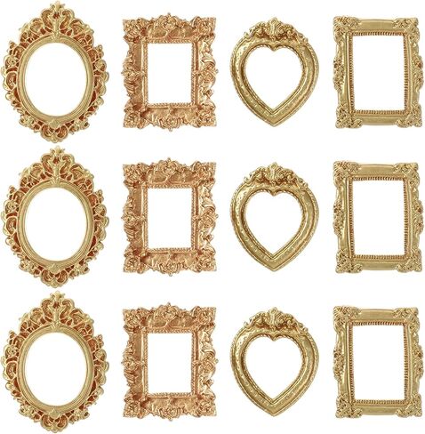 12 قطعة من إطارات الصور الذهبية الصغيرة، إطارات عتيقة صغيرة، إطار صورة صغير عتيق من الراتنج، إطار صورة صغير بيضاوي مستطيل للتعليق على الحائط لعرض المجوهرات بنفسك وديكور الحائط وحفلات العطلات in Kuwait