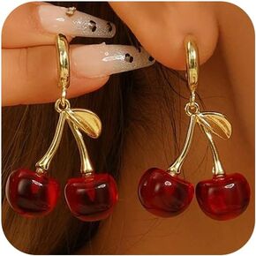 Charming Red Crystal Cherry Fruit Earrings for Women Vintage, Lovely Statement Cherries Gold Leaf Drop Dangly Earring Y2K Aesthetic Party Jewelry Gift in Kuwait