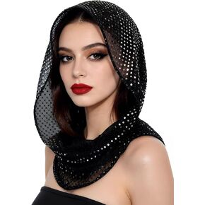 Black Sequin Hood Scarf, Rave Outfit Accessories for Women Festival Hooded Head Scarf Rave Outfit for Concerts Nightclubs Halloween Cosplay Costumes in Saudi Arabia