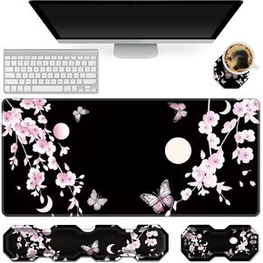 RYUITHDJP Large Mouse Pad for Gaming+Keyboard Wrist Rest+Wrist Support+Coaster Set of 4, XXL Extended Gaming Mouse Pad Desk Pad Easy Typing Pain Relief Non Skid Base Desk Mat-Cherry Blossom in Kuwait