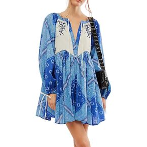 Womens Bohemian Mini Dress Floral Embroidered Tie Neck 3/4 Long Sleeve Sundress Casual Bohemian Loose Beach Babydoll Blue in Kuwait