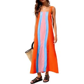 Yidarer Women's Summer Color Block Maxi Dress Adjustable Straps Boho Beach Sundress Casual Vacation Outfits with Pockets in Kuwait