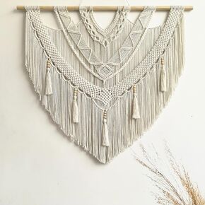 Guzhiou تعليق حائط كبير من Macrame - فن ديكور جداري من نسيج Boho - نسيج بوهيمي منسوج يدويًا أنيق لتزيين المنزل لغرفة النوم وغرفة المعيشة وحفلات الزفاف - 43 بوصة × 32 بوصة (حبة خشبية) in Kuwait