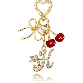Initial Keychain with Bow and Cherry,Gold Letter Bag Charms for Women,Cute Purse Handbag Accessories in Kuwait
