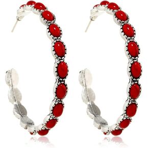 Turquoise Bohemian Dangle Metal Silver-Tone And Faux Turquoise Hoop Earrings Beaded Western Cowgirl Statement Earrings Vintage Valentine Jewelry Gift in Kuwait