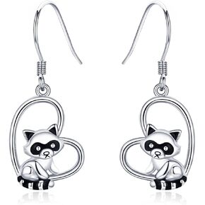 Sterling Silver Raccoon Heart Earrings - Hypoallergenic Cute Animal Drop Dangle Chandelier Earrings in Kuwait