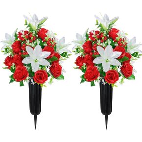 Artificial Cemetery Flowers with Vase, Set of 2 Rose Lily Bouquet Graveside Decoration, Artificial Memorial Flowers for Easter Mother's Day Arrangements in Saudi Arabia