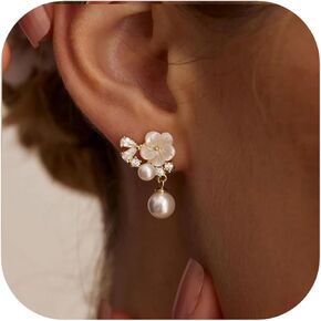 أقراط متدلية من اللؤلؤ للنساء مطلية بالذهب عيار 14 قيراط مع قطرة تشيكوسلوفاكيا من لؤلؤ المياه العذبة على شكل زهرة أقراط زفاف للعرائس مجوهرات عصرية هدايا لطيفة in Kuwait