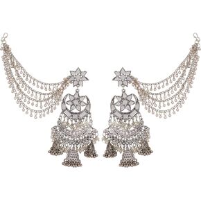 Ethnic Traditional Party-wear Silver Oxidized Pearl Mirror Indian Bahubali Jhumka Dangle Earrings Jewelry in Kuwait