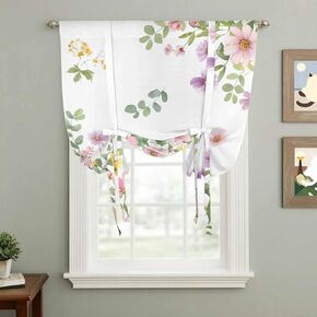 Pink Spring Floral Tie Up Curtains for Window, Watercolor Botanical Wildflowers Thermal Insulated Balloon Shade Adjustable Rod Pocket Curtains Valance Panels for Kitchen Bathroom Café 42'' x 45'' in Saudi Arabia