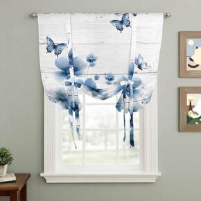 Navy Blue Floral Tie Up Curtains for Window, Spring Flowers Butterflies Wooden Thermal Insulated Balloon Shade Adjustable Rod Pocket Curtains Valance Panels for Kitchen Bathroom Café 42'' x 63'' in Kuwait