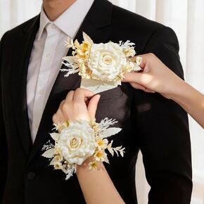 Serwalin 2Pcs Corsage and Boutonniere Set,White Rose Corsage Wristlet and Pocket Boutonniere for Men Prom Wedding Homecoming Anniversary Graduation in Kuwait