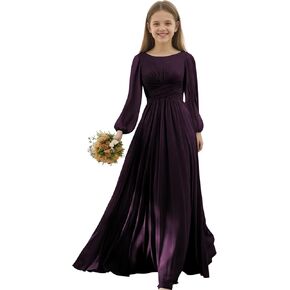 فساتين وصيفة العروس الصغيرة بأكمام طويلة من الشيفون للفتيات فستان رسمي على شكل حرف A لحفلات الزفاف للفتيات المراهقات in Kuwait