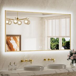 TETOTE 24 x 32 Backlit Bathroom Mirror Brushed Gold Metal Frame LED Light Vanity 3-Color White/Warm/Natural Stepless Dimmable Anti-Fog Backlight Mirror Wall-Mounted in Kuwait