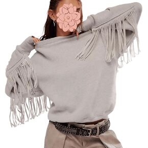 Gothic Punk Y2K Street Fringed Pullover Sweatshirts for Women Trendy Grey Loose Long Sleeve Round Neck Fall Tops in Kuwait