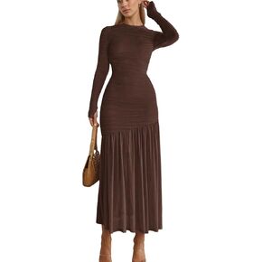 Women's Crewneck Ruched Mesh Sheer Long Sleeve Mermaid Club Maxi Dress in Kuwait