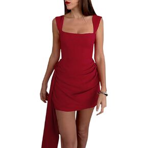 Women Sexy Sleeveless Mini Dress Square Neck Ruched Ribbon Bodycon Night Club Party Dress in Kuwait