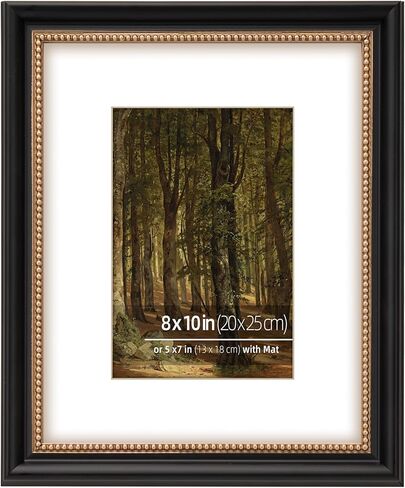 8x10 in Black Wooden Decorative Picture Frame, Ornate Gold Beaded Inner, Matted for 5x7 Photo, Tabletop or Wall Mount Display, Real Glass in Saudi Arabia