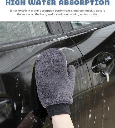 2PCS Car Wash Mitt,Coral Fleece Wash Mitts for Automotive Washing,Car Accessories No Scratch Microfiber Dusting Mitts with Thumb Washable Reusable,Suitable for Auto Washing and Detailing in Kuwait