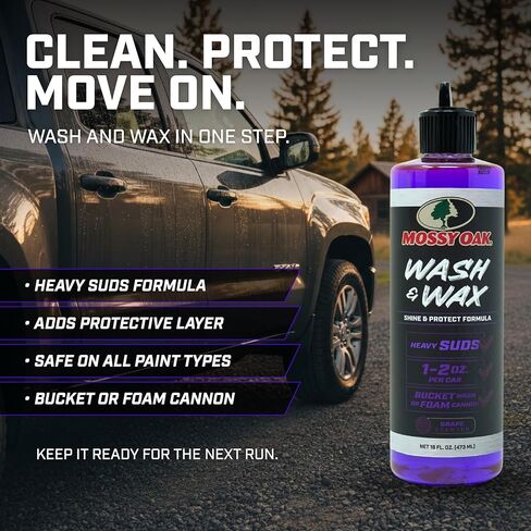 CLENZOIL Mossy Oak Wash & Wax, Concentrated Foam Car Wash Soap with Wax Protection for Trucks SUVs Cars Jeeps UTVs ATVs & Motorcycles, pH Balanced, Cleans & Shines in One Step, Made in USA, 16 oz in Kuwait
