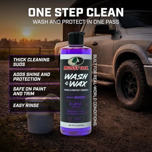 CLENZOIL Mossy Oak Wash & Wax, Concentrated Foam Car Wash Soap with Wax Protection for Trucks SUVs Cars Jeeps UTVs ATVs & Motorcycles, pH Balanced, Cleans & Shines in One Step, Made in USA, 16 oz in Kuwait