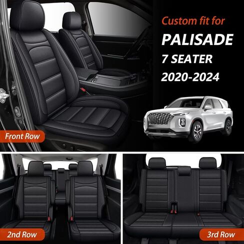 7 Seats Car Seat Covers Fit for Hyundai Palisade 2020-2024 2025,Full Set Seat Cover Waterproof Faux Leather Seat Covers with Airbag Compatible(Black, 3 Rows 7 Seats) in Kuwait