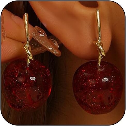 أقراط فاكهة الكرز الكريستالية الحمراء الساحرة للنساء عتيقة، بيان جميل على شكل أوراق الكرز الذهبية قطرة حلق متدلي Y2K هدية مجوهرات للحفلات الجمالية in Kuwait
