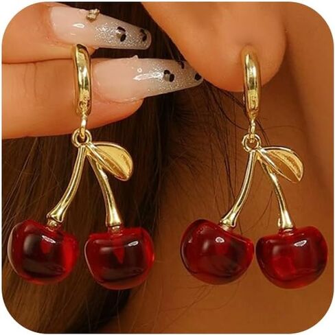 Charming Red Crystal Cherry Fruit Earrings for Women Vintage, Lovely Statement Cherries Gold Leaf Drop Dangly Earring Y2K Aesthetic Party Jewelry Gift in Saudi Arabia