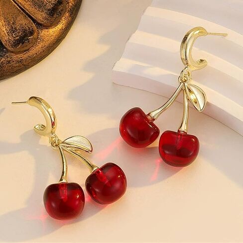 Charming Red Crystal Cherry Fruit Earrings for Women Vintage, Lovely Statement Cherries Gold Leaf Drop Dangly Earring Y2K Aesthetic Party Jewelry Gift in Saudi Arabia