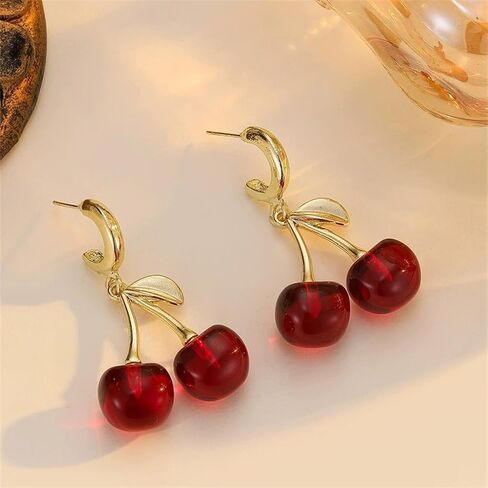 Charming Red Crystal Cherry Fruit Earrings for Women Vintage, Lovely Statement Cherries Gold Leaf Drop Dangly Earring Y2K Aesthetic Party Jewelry Gift in Saudi Arabia