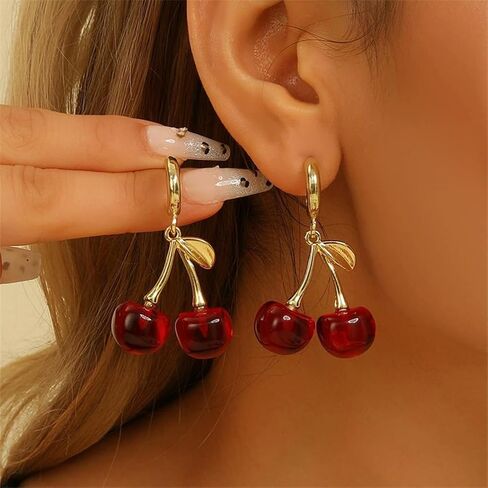 Charming Red Crystal Cherry Fruit Earrings for Women Vintage, Lovely Statement Cherries Gold Leaf Drop Dangly Earring Y2K Aesthetic Party Jewelry Gift in Saudi Arabia