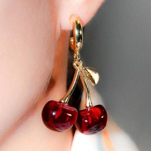 Charming Red Crystal Cherry Fruit Earrings for Women Vintage, Lovely Statement Cherries Gold Leaf Drop Dangly Earring Y2K Aesthetic Party Jewelry Gift in Saudi Arabia