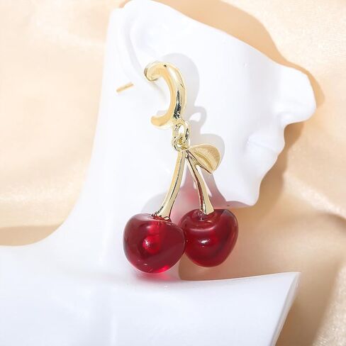 Charming Red Crystal Cherry Fruit Earrings for Women Vintage, Lovely Statement Cherries Gold Leaf Drop Dangly Earring Y2K Aesthetic Party Jewelry Gift in Saudi Arabia