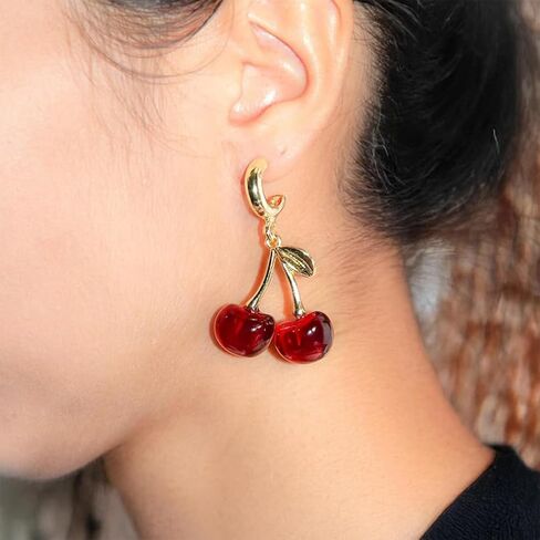 Charming Red Crystal Cherry Fruit Earrings for Women Vintage, Lovely Statement Cherries Gold Leaf Drop Dangly Earring Y2K Aesthetic Party Jewelry Gift in Saudi Arabia