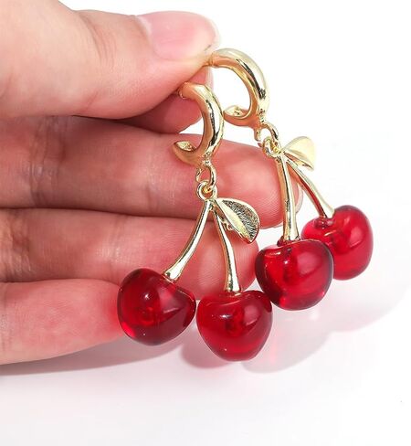 Charming Red Crystal Cherry Fruit Earrings for Women Vintage, Lovely Statement Cherries Gold Leaf Drop Dangly Earring Y2K Aesthetic Party Jewelry Gift in Saudi Arabia