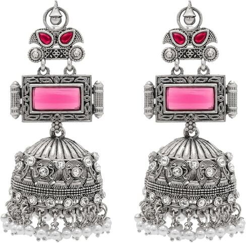 أقراط Jhumka الطويلة الأنيقة من Bodha الهندية التقليدية ذات اللون المزدوج المؤكسدة بالفضة المؤكسدة واللؤلؤ والكريستال والأقراط الطويلة للنساء (SJE_263_P) in Saudi Arabia