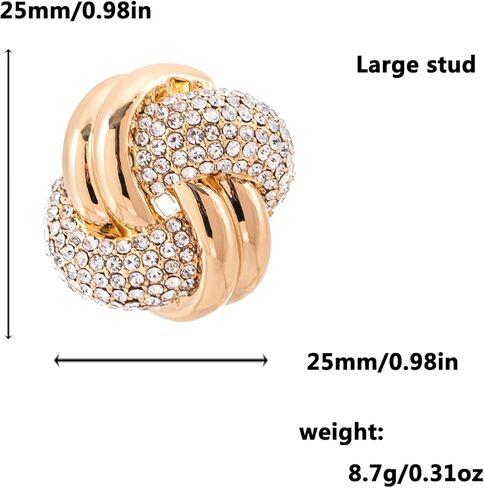 أقراط ذهبية مكتنزة، مسمار بعقدة كبيرة مع أحجار الراين الكريستالية، هدية مجوهرات عصرية للنساء in Kuwait