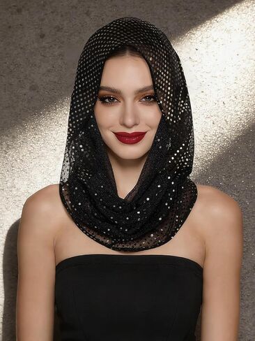 وشاح بقلنسوة بالترتر الأسود، إكسسوارات الزي الهذيان للنساء للمهرجانات ووشاح الرأس بقلنسوة للحفلات الموسيقية والنوادي الليلية وأزياء الهالوين التنكرية in Saudi Arabia