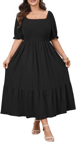 Plus Size Summer Maxi Dresses for Curvy Women Square Neck Smocked Casual Milkmaid Boho Wedding Guest Dress in Kuwait