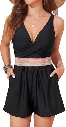 Smismivo Women Swim Rompers Tummy Control One Piece Swimsuit Modest Full Coverage Bathing Suit Swimwear with Shorts Pockets in Saudi Arabia
