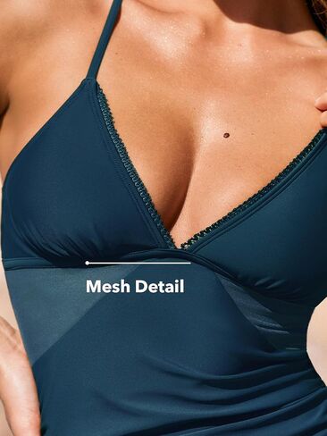 CUPSHE Women's Tankini Sets Two Piece Swimsuit Mid Rise Bathing Suit V Neck Ruched Mesh Swimwear in Saudi Arabia
