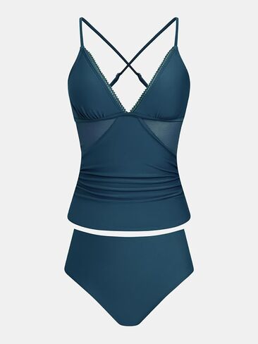 CUPSHE Women's Tankini Sets Two Piece Swimsuit Mid Rise Bathing Suit V Neck Ruched Mesh Swimwear in Saudi Arabia