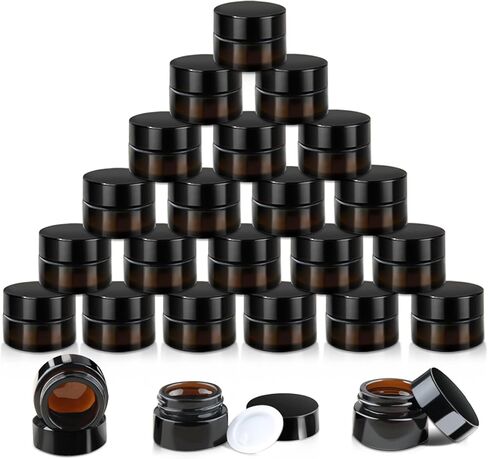 24 Pack 5g Amber Glass Cream Jars Round Cosmetic Vials Pot Refillable Makeup Bottle Containers with Lids&Inner Liners for Lotion Cream Ointments Lip Balm Eyeshadow Slime in Saudi Arabia