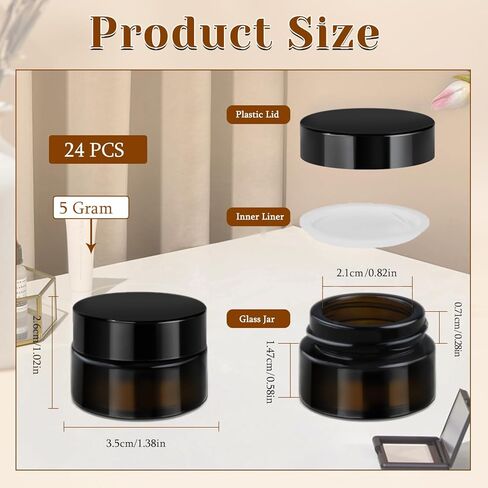 24 Pack 5g Amber Glass Cream Jars Round Cosmetic Vials Pot Refillable Makeup Bottle Containers with Lids&Inner Liners for Lotion Cream Ointments Lip Balm Eyeshadow Slime in Saudi Arabia