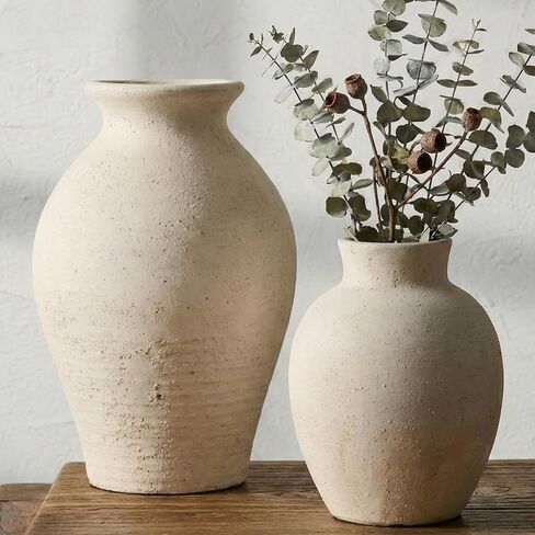 2 Pcs Rustic Farmhouse Vase Terracotta Clay Vase White Pottery Decorative Flower Pot Vintage Decor for Table, Living Room, Shelf, Mantel Decoration in Kuwait